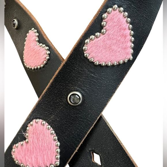 Vintage JOED Leather Belt with fur Pink Hearts and Brass Buckle  - Sz 34 - Picture 6 of 11
